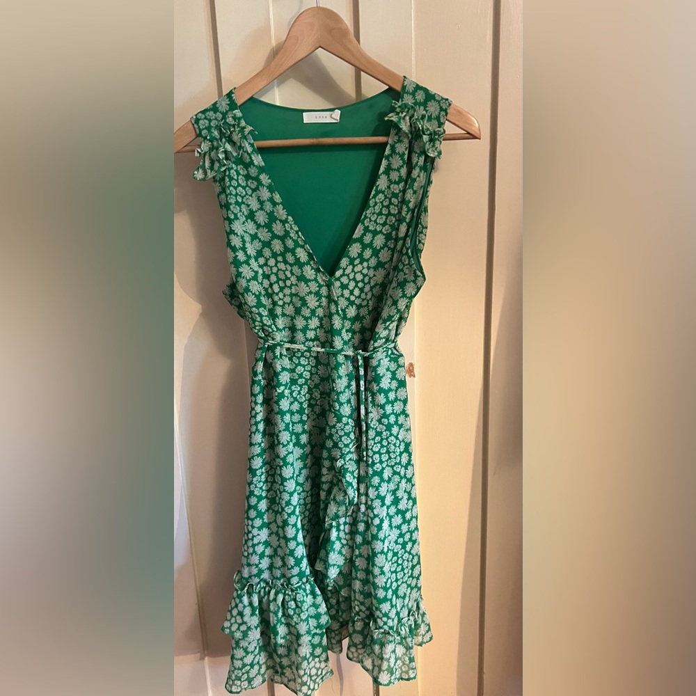 Lush Green and White Ruffled Wrap Sundress
